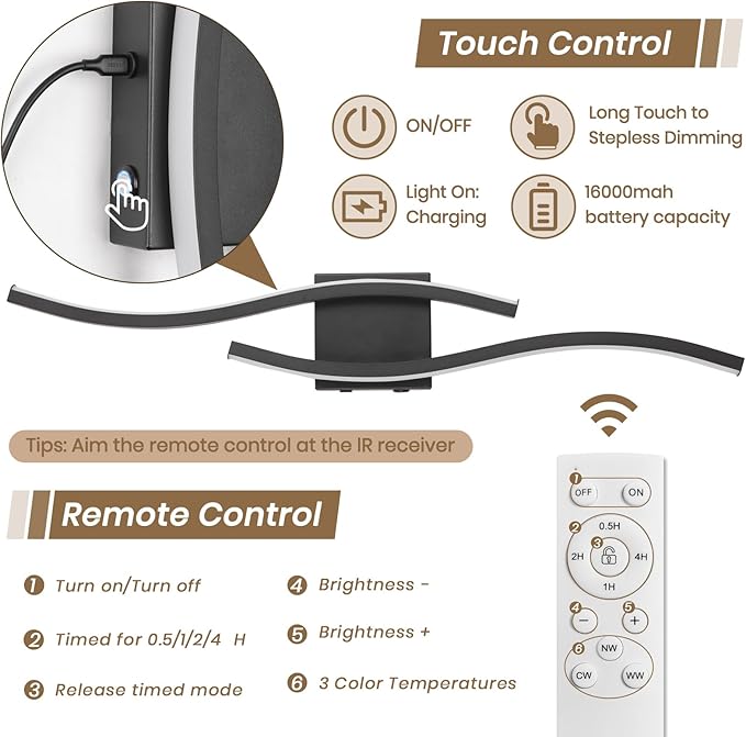 Modern LED Wall Sconce set of Two, Battery Powered Wall Sconces set of 2 with Timer, Black Wall Light with Remote, LED Wall Lamp indoor not hardwired for Bathroom Living Room Bedroom Corridor