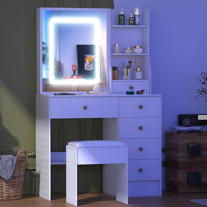 JBLCC Makeup Vanity Desk with Lighted LED Mirror, White Vanity Table with 6 Drawers & Storage Shelves, Modern Dressing Table for Bedroom, Small Vanity Set with Lights