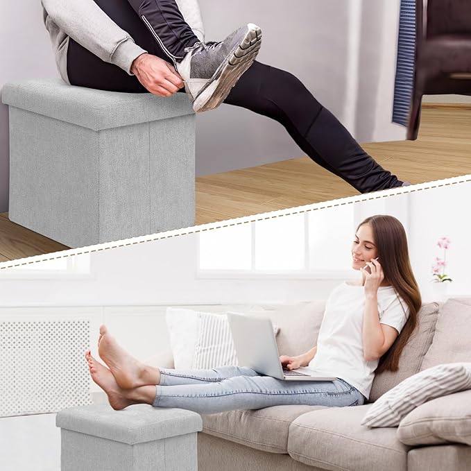 Athena Collection Line Square Ottoman with Storage, 15 Inch Small Storage Ottoman, Multipurpose Footstool Foot Rest for Living Room, Bedroom, Dorm, Light Grey