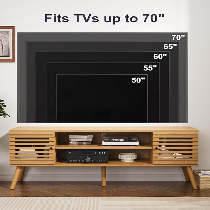 61" Mid Century Modern TV Stand for 50/55/60/70 inch TV, TV Media Console with Slatted Doors for TVs up to 70", Entertainment Center with Storage for Living Room, Bedroom, Oak