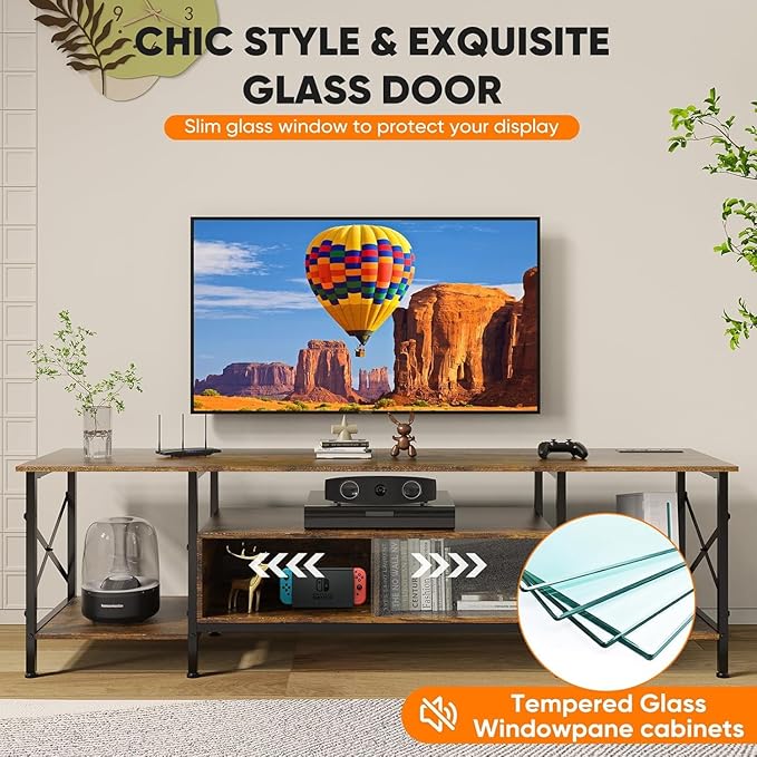 TV Stand, 63 Inch TV Stand for 50 75 Inch TV, Entertainment Center with Power Outlets & Open Storage Shelves, TV Media Console with Glass Slide Doors for Living Room, Bedroom, Rustic Brown