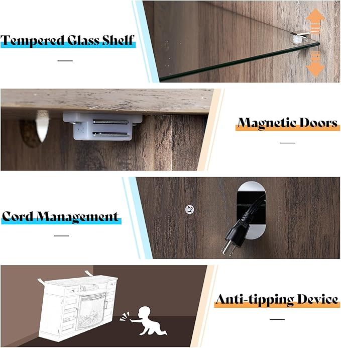 70" Farmhouse Curved Fireplace TV Stand, LED Light Entertainment Center Table with 36'' Upgrade Electric Fireplace TV Console Cabinet for TVs Up to 80", Wash Grey