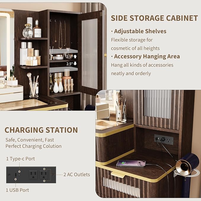 QUW Fluted Makeup Vanity Desk with Mirror and Lights, Modern Glass Top Vanity Table with Charging Station, Vanity Mirror 3 Lighting Modes Adjustable Brightness, Dressing Table for Bedroom, Dark Walnut