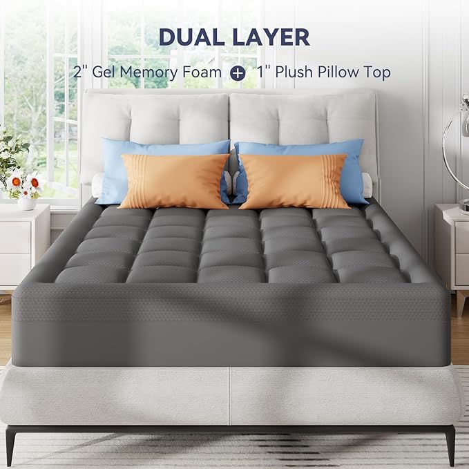 ELEMUSE Dual Layer 3 Inch Memory Foam Mattress Topper Queen, 2 Inch Cooling Gel Memory Foam Plus 1 Inch Down Alternative Pillowtop Mattress Pad with Cooling Cover, Soft Comfort Support, Grey