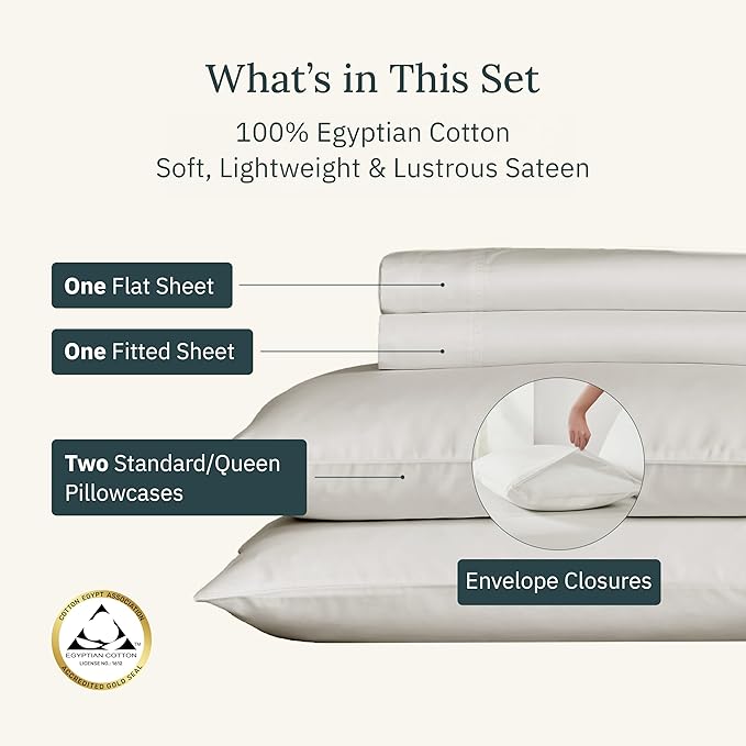 California Design Den Certified Luxury 100% Egyptian Cotton Bed Sheets Queen Size, Deep Pocket Bed Sheets Set, Sateen Cooling Sheets for Hot Sleepers, Creamy Ivory Sheet Set Queen