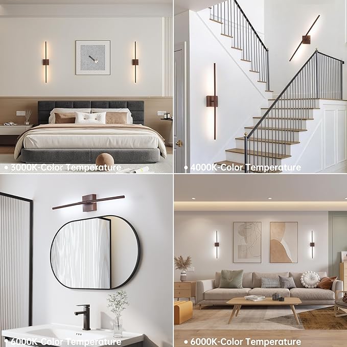 Battery Operated Wall Sconce Set of 2, 10400mAh Rechargeable Wall Sconces, 3000K-6000K Dimmable, 350°Rotate, Indoor Wall Lights for Bedroom Living Room Bathroom, Black Walnut, 31.5 Inch