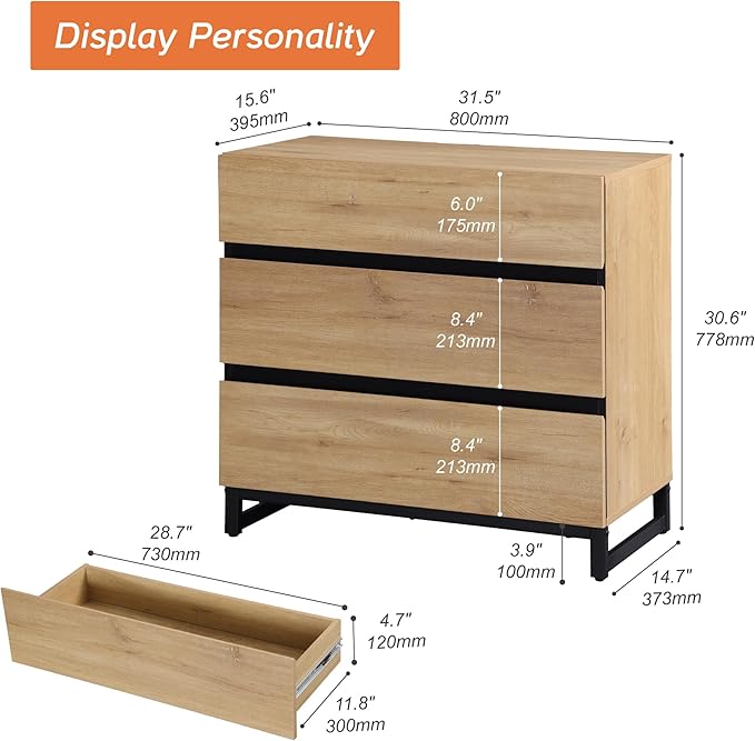 WAMPAT Modern TV Stand for TVs up to 40 inch, Entertainment Center TV Console with 3 Drawers and Metal Base, Media Console for Living Room, Bedroom, Oak