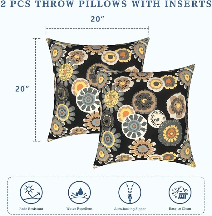 LVTXIII Outdoor Throw Pillows, Decorative Throw Pillows with Inserts, 20"x20" Square Pillows for Bed, Couch, Sofa and Patio Furniture, Set of 2, Black Yellow Crosby