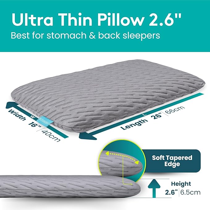 BLISSBURY Stomach Sleeping Pillow - Thin Memory Foam Pillow for Stomach Sleepers | Ultra Thin Pillow for Sleeping | Flat Pillows for Sleeping, Slim Pillow, Stomach Sleeper Pillow | 2.6 Inch Thickness