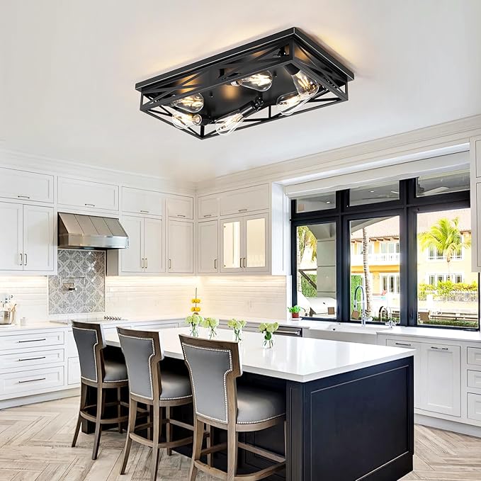 Flush Mount Ceiling Light Fixture,6-Light Black Farmhouse Flush Mount Light Fixture Kitchen Lights, 23" Metal Cage Closed to Ceiling Mounted Lights for Kitchen Hallway Entryway E26 Base