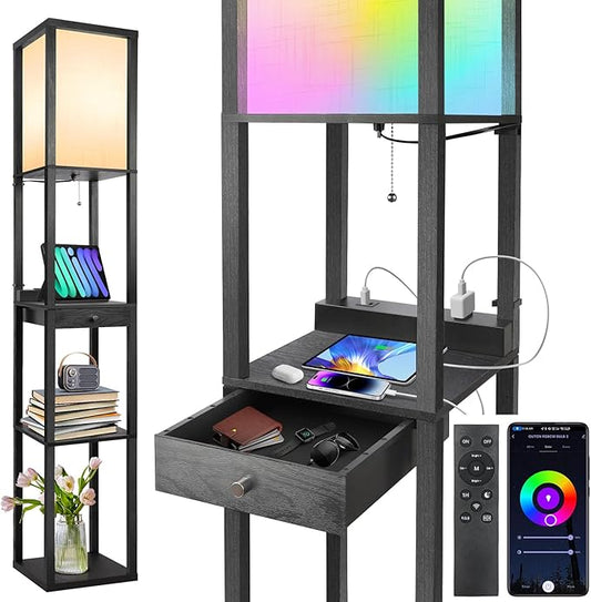 OUTON Floor Lamp with Shelves & Drawer, LED Dimmable Floor Lamp with Remote & App & Voice Control, Charging Station, Color Changing, Storage Display Wood Standing Lamp for Living Room, Bedroom Office