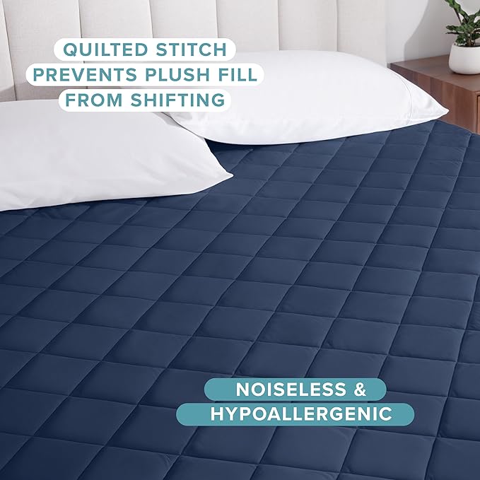 Bare Home Queen Quilted Fitted Mattress Pad - Cooling Mattress Cover - Easily Washable - Elastic Fitted Cover for Mattress - Stretch-to-Fit up to 15 Inches Deep (Queen, Dark Blue)