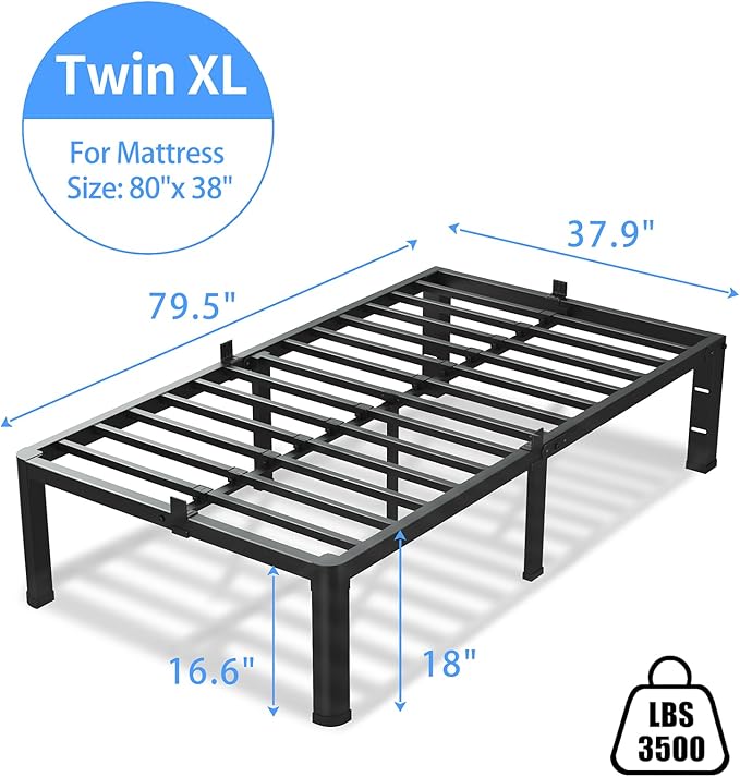 18 Inch Twin XL Bed Frame, 3500Lbs Heavy Duty Metal Platform with Round Corner Legs Mattress Slide Stopper, Steel Slat Support No Box Spring Needed, Noise Free, Non-Slip, Easy Assembly