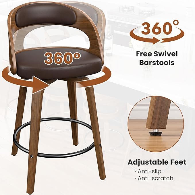 Swivel Bar Stools Set of 2, 26" Counter Height Bentwood Barstool, Mid-Century Modern PU Leather Upholstered Bar Chair with Back and Footrest, for Kitchen Island, Bar, Cafe, Dining Room, Brown
