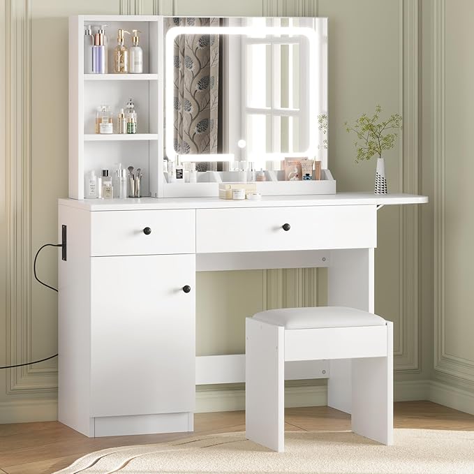 GarveeHome Makeup Vanity Desk with Mirror and Lights, Vanity Table Set with Drawer & Power Outlet ＆ Chair & 3 Shelves, Bedroom, White