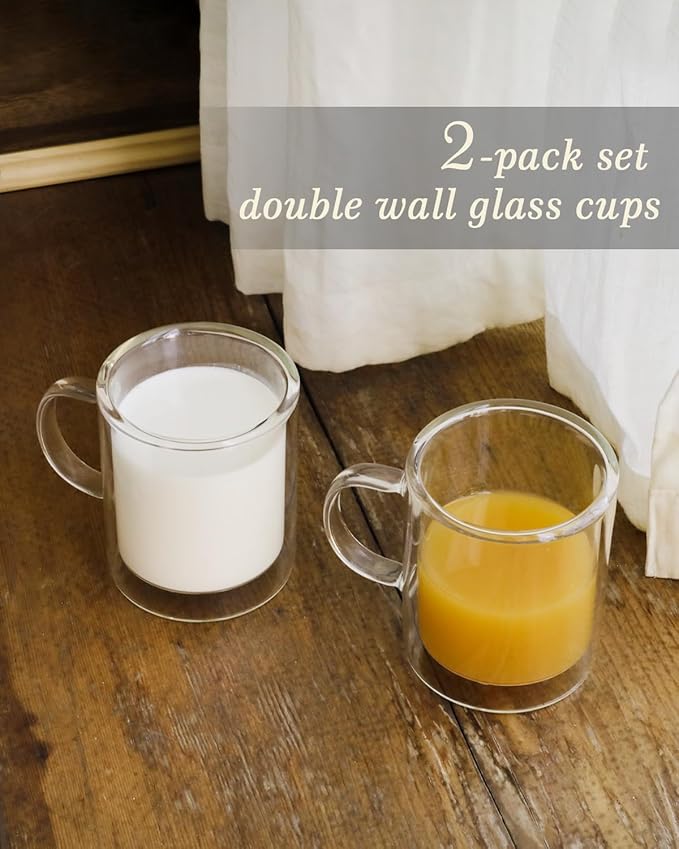 LIBWYS 12oz Double Wall Coffee Mugs (2 Pack) - Insulated Borosilicate Glass Cups with Handle for Espresso, Cappuccino, Latte - Heat Resistant, Dishwasher Safe Hot/Cold Beverage Glasses 350ml