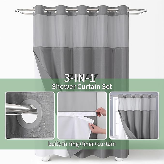 Grey Long No Hook Shower Curtain with Snap-in Fabric Liner Set,Slub Textured Fabric Shower Curtains for Bathroom,Hotel Style Modern Shower Curtain,Water Repellent & Washable,71x80(78)