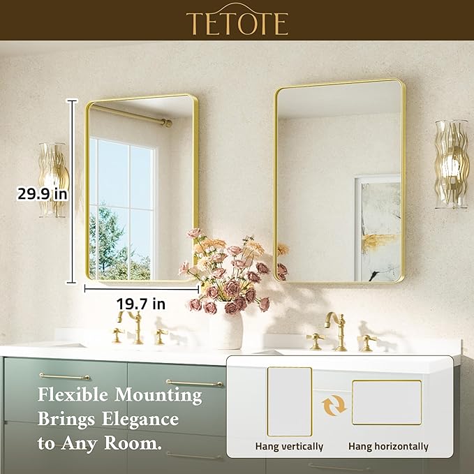 TETOTE Gold Vanity Mirror 20 x 30 Brushed Gold Metal Framed Vanity Mirror, Tempered Glass, Modern Farmhouse Wall Mounted Mirrors for Decorative(Horizontal/Vertical)