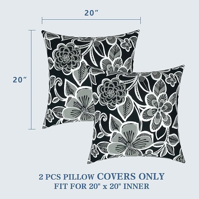 LVTXIII Outdoor Throw Pillow Covers 20 x 20 Inch, Covers ONLY Modern Cute Pattern Decorative Square Toss Pillow Case Pack of 2 for Home Patio Garden Sofa Bed Furniture, Flower Black