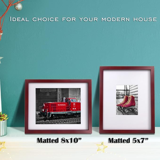 Egofine 11x14 Picture Frame Display Pictures 5x7/8x10 with Mat or 11x14 Without Mat Made of Solid Wood Covered by Plexiglass for Table Top Display and Wall Mounting Photo Frame, Dark Red