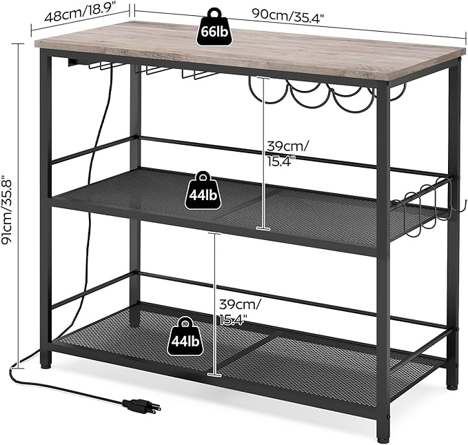 Kitchen Island with 3 Shelves, Kitchen Island with Power Outlet, Kitchens Storage Rack with 4 S Hooks, Microwave Stand and Coffee Bar Station for Dining Room, Greige and Black KIHG91E01
