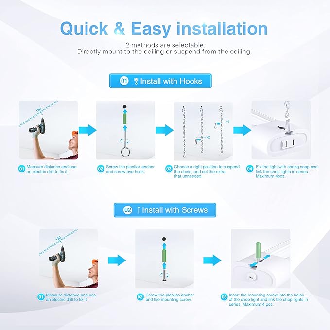 Ensenior 10 Pack Linkable Led Shop Light 4ft for Garage, 4400 High Lumens, 36W Equivalent 280W, 5000K Daylight, 48 Inch Utility shop led lights, Surface or Hanging Mount Fixtures, White, ETL Certified