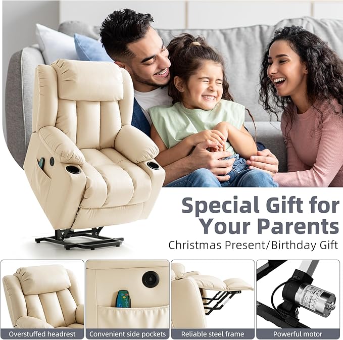Power Lift Recliner Chair for Elderly, Electric Recliner Chairs for Adults with Massage and Heat, Cup Holders, Remote Control, USB Ports, Side Pockets, Leather (Beige)