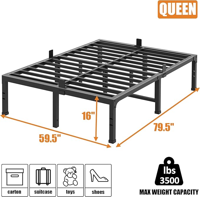 FUIOBYVV Queen Bed Frames, 16 Inch Heavy Duty Metal Platform Bed Frame Qwin Size Support Up to 3500 lbs, No Box Spring Needed/No Shaking/Steel Slat Support/Noise Free/Easy Assembly