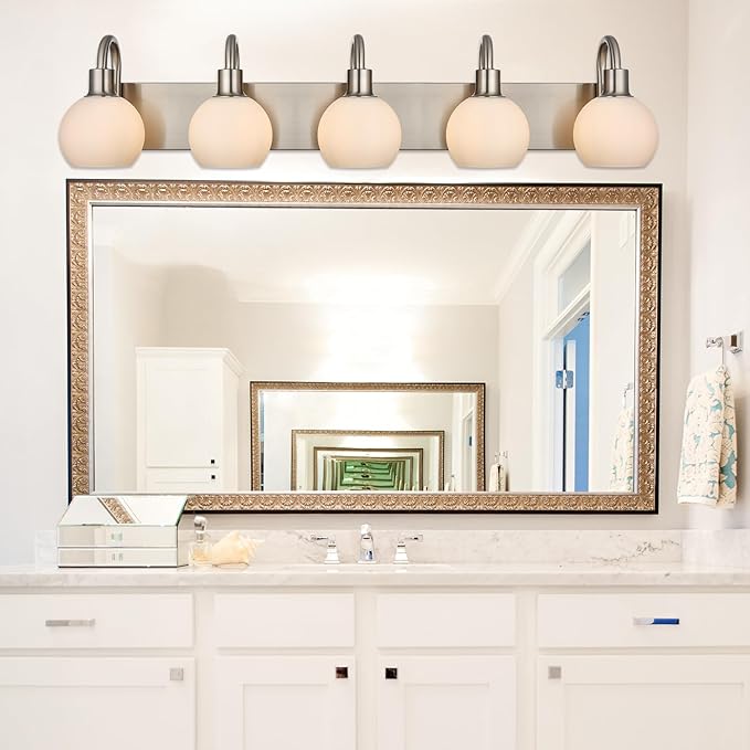 37 Inch Bathroom Light Fixtures, 5-Lights Modern Brushed Nickel Vanity Lighting with Milk White Globe Glass Shade, Bath Wall Mount Sconces for Over Mirror Kitchen