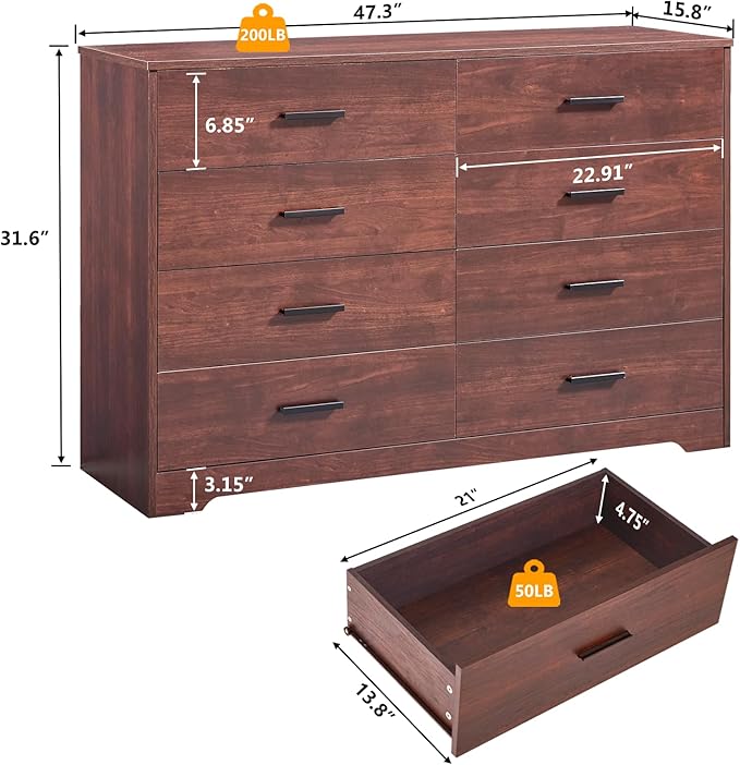 LIDYUK Dark Cherry Dresser for Bedroom, 8 Drawer Dressers & Chests of Drawers, Modern Wood Dresser, 48 Inches Wide Chest of Drawers for Bedroom, Hallway, Living Room