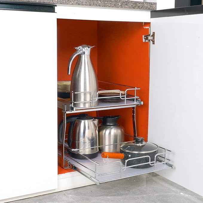 VEVOR Pull Out Cabinet Organizer, 17"Wx21"D 2 Tier Heavy Duty Slide Out Pantry Shelves, Chrome-Plated Steel Roll Out Drawers, Sliding Drawer Storage, 18.5"Wx22"D Install Size for Cabinet