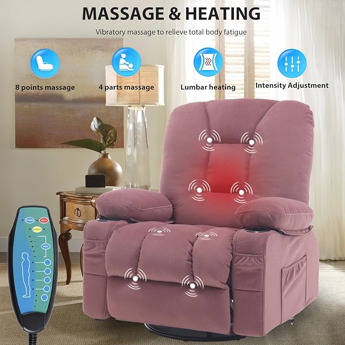 Recliner Chairs for Adults, Pink Rocker Recliners with Massage and Heat, Overstuffed Fabric Swivel Glider with Cup Holder Side Pocket, Manual Reclining Single Sofa Chair for Living Room