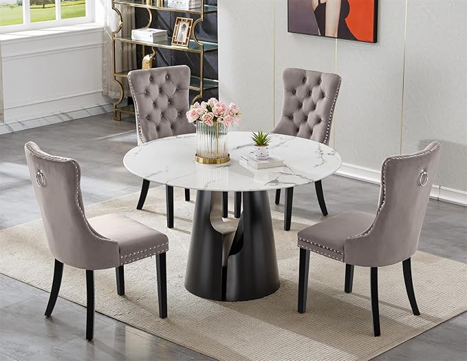 5-Piece Faux Marble Round Dining Table Set for 4, Modern Luxury Kitchen Table Set for 4 with Grey Tufted Chairs,Circle Dining Tables with White Marble Grain Top and Black Pedestal Base