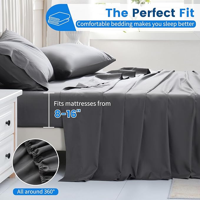 Bedlifes 1000 Thread Count 100% Egyptian Cotton King Size Sheets Set - Sateen Soft Silky Breathable Luxury Cooling 4 Pieces (Dark Grey)