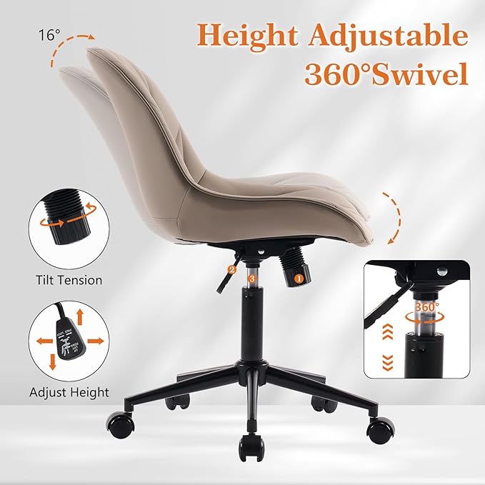 Rowill Modern Office Chair - Ergonomic Swivel Leather Desk Chair with Curved Backrest, Height Adjustable Rolling with Wheels, Perfect for Study Room & Office, Khaki