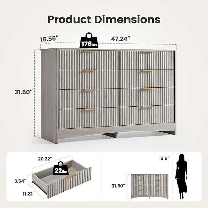 Amada Modern 8 Drawer Dresser, Fluted Wood Chest of Drawers with Rounded Corners, Pre-Installed Drawer Slides, Dresser TV Stand and Storage Organizer for Bedroom, Hallway, Gray