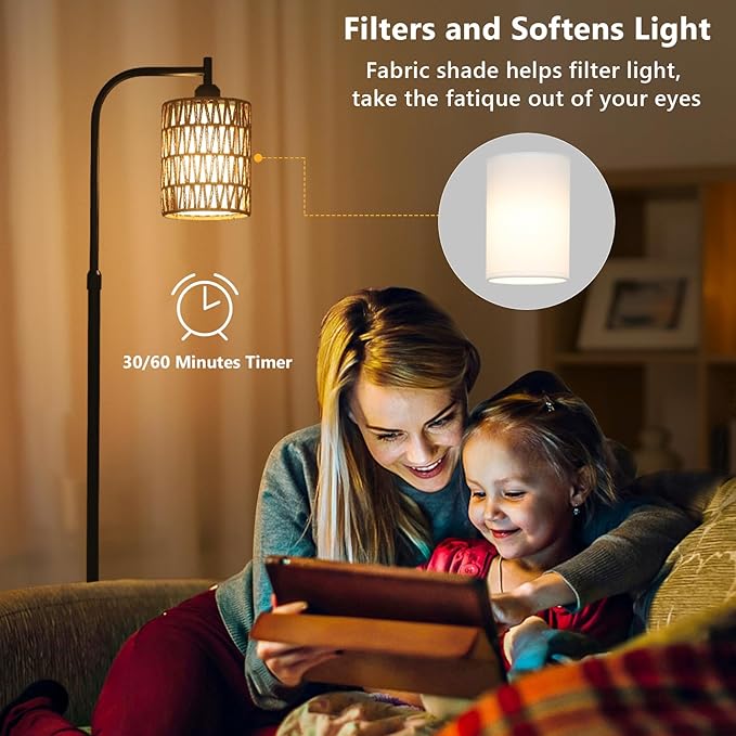 Floor Lamp with Remote, Dimmable Rattan Floor Lamp with LED Bulb, Industrial Black Tall Pole Lamp with Rattan & Fabric Shades, Boho Farmhouse Standing Lamps for Living Room Bedroom Office