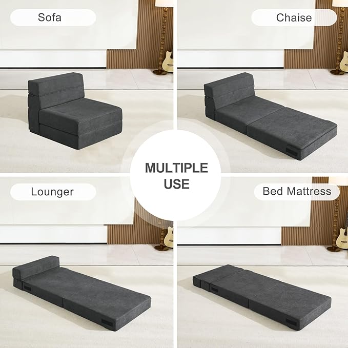 ANONER Fold Out Chair Bed Memory Foam with Pillow Futon Couch Folding Sleeper Chairs, Convertible Chair Bed Dark Gray, Single Size