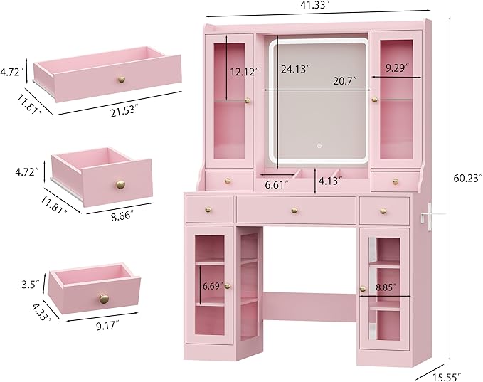 Pink Vanity Desk with Mirror and Lights, Makeup Vanity Table with Lighted Mirror, 5 Drawers & RGB Cabinet, Dressing Table Set with Charging Station for Girls Bedroom, 3 Lighting Modes