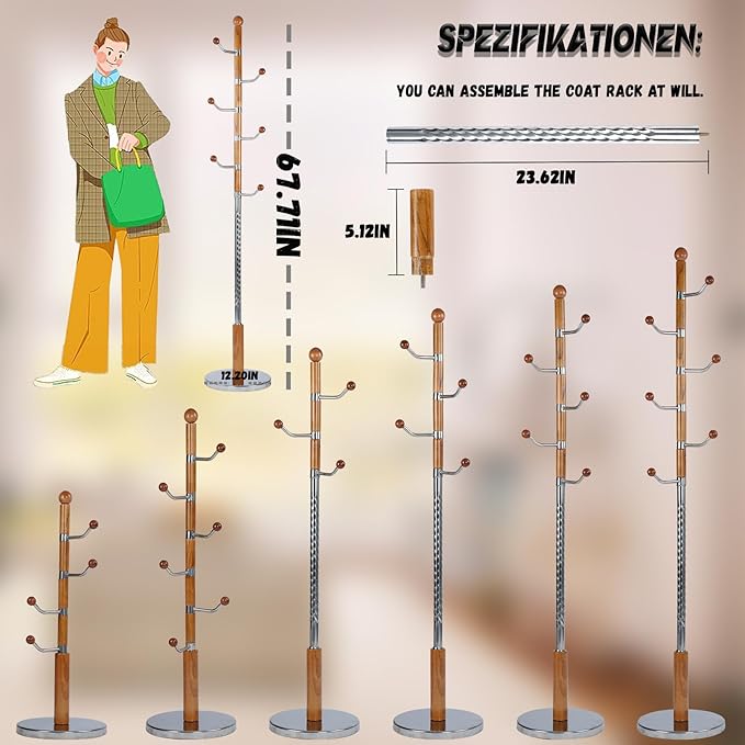 68 in Wood Coat Rack, Coat Rack Freestanding with Stable Round Base, Adjustable Height Tree Coat Racks Stand for Home Bedroom Office Hallway Entryway (Solid Wood Metal Hook)