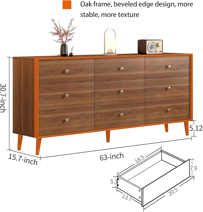 9 Drawer Dresser for Bedroom, 63 Inch Dresser for Closet with Walnut Frame, Modern Solid Wood Chest of Drawers with Natural Texture & Pre-Embedded Slots for TV Stand, Living Room, Hallway, Office