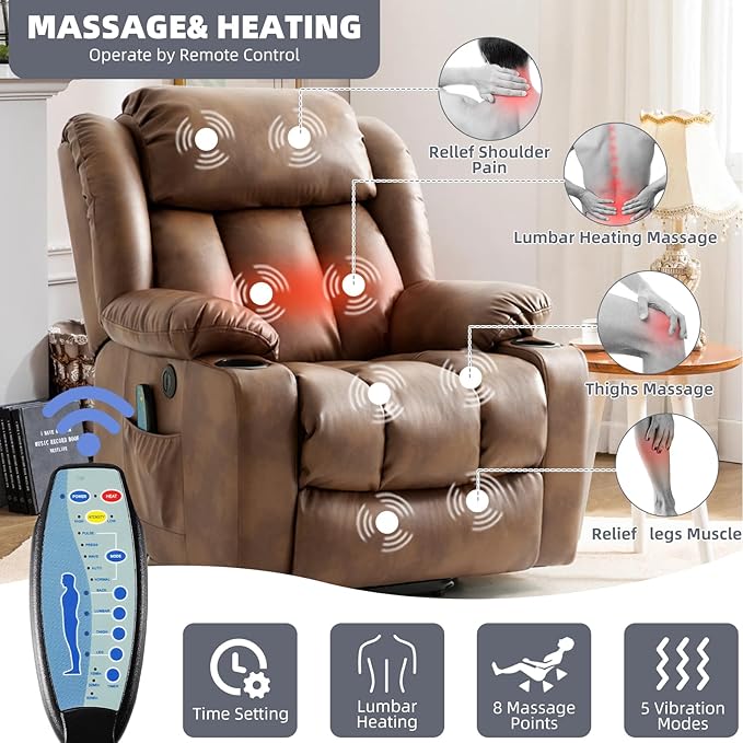 Power Lift Recliner Chair for Elderly, Electric Recliner Chairs for Adults with Massage and Heat, Cup Holders, Remote Control, USB Ports, Side Pockets, Leather (Ochre)
