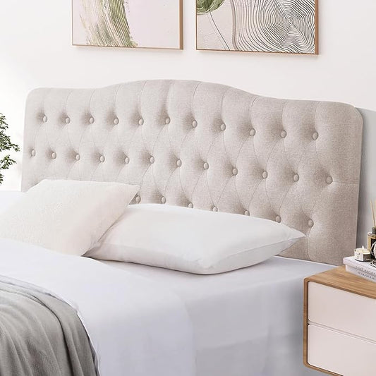Upholstered King Headboard, Button Diamond Tufted Headboard with Adjustable Height and Solid Wood Leg, Linen Fabric Padded Headboards for King Size Bed, Mordern Head Board, Beige