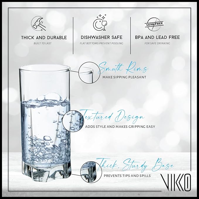 Vikko Drinking Glasses, 12 Oz Drinking Glasses Set of 12, Crystal Clear Glass Cups for Water or Juice, Highball Glass Tumbler & Water Glasses for Drinking…