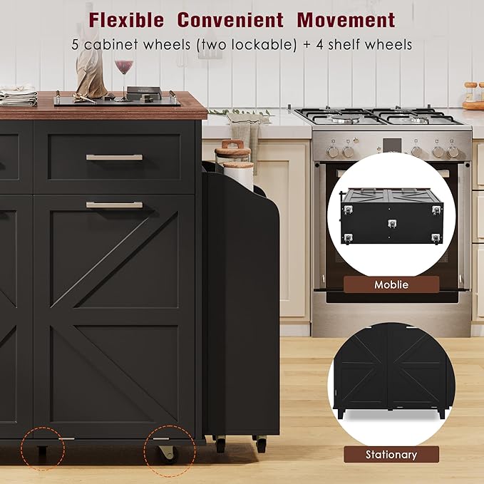 Farmhouse Kitchen Island with Drop Leaf & Wheels, 47.2" Rolling Kitchen Cart with Removable Side Racks, 2 Drawers, Towel Hooks & Trash Bin Cabinet for Small Space, Dining Room, Rustic Home Decor