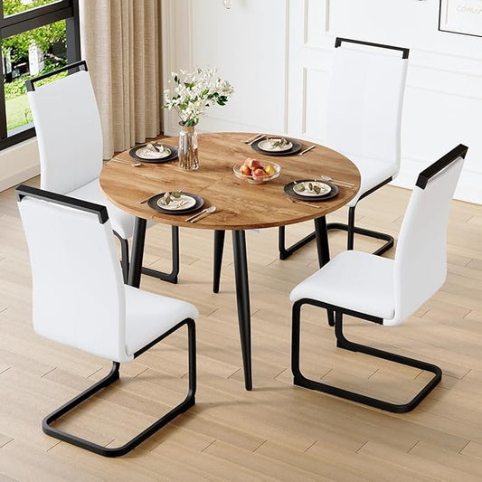 42"-54" Extendable Dining Table Set for 4, Round Dining Table Set for 4, 0.73" Thick Wood Tabletop with Smooth Edge, Black Metal Leg with Non-Slip Footmat, 4 Soft PU Chairs, for Kitchen, Small Space