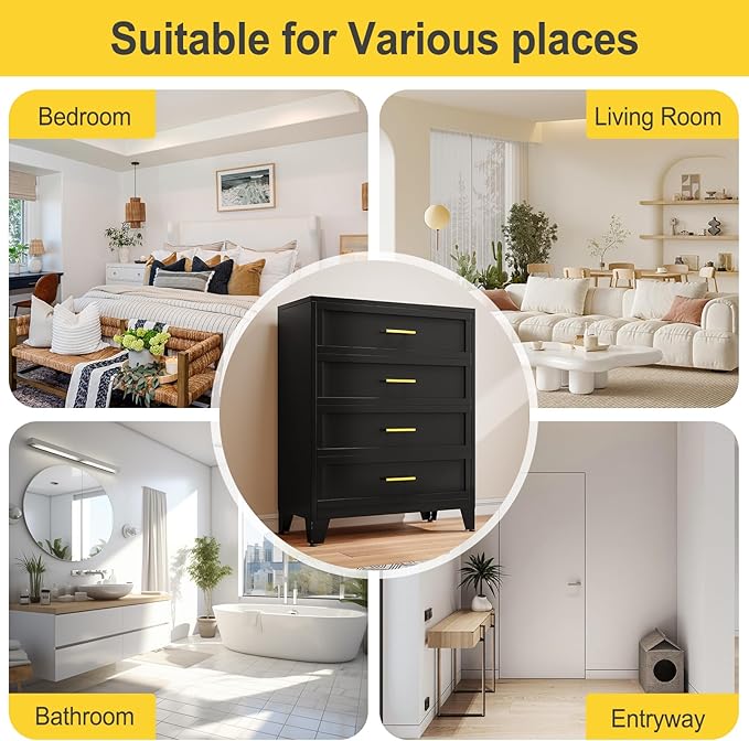 43.11" Tall Metal Dresser for Bedroom, 4 Drawer Black Dresser Chest with Gold Handles, Closet Dressers Chests with Fluted Panel, Vertical Storage Cabinet for Living Room, Entryway, Hallway
