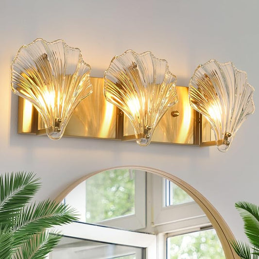 Bathroom Light Fixtures,3-Lights Vanity Lights Over Mirror,Modern Bathroom Wall Light with Clear Shell Shaped Glass Shades,Gold Wall Sconces for Bedroom Living Room Hallway Kitchen.