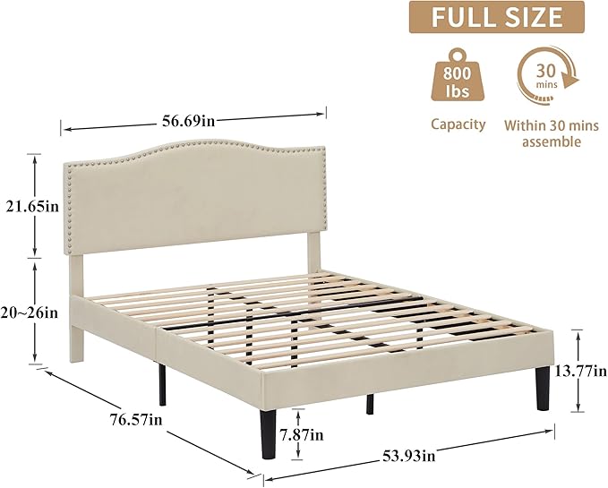 VECELO Full Bed Frame, Platform Bed Frame with Adjustable Height Upholstered Headboard, Heavy-Duty Frame and Strong Wooden Slats Support, Non-Slip and Noise-Free, Easy Assembly, Beige
