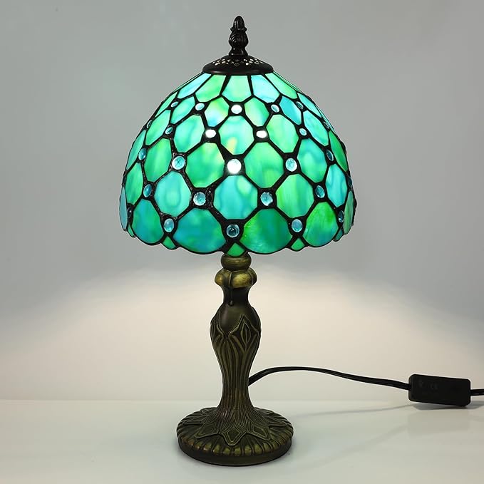 Tiffany Table Lamp Blue Beads Stained Glass 3 Way Table Lamps for Living Room Nightstand Bedside Bedroom Home Office Desk Lamps W/LED Bulb 8X8X15Inch